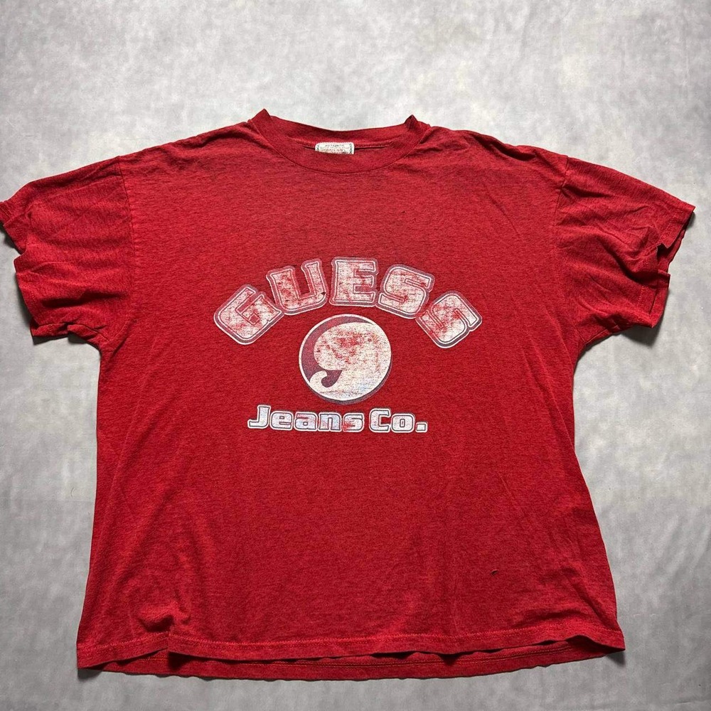 Vintage Guess Jeans Co Graphic T-Shirt Red Distressed Logo 90s Streetwear Mens L